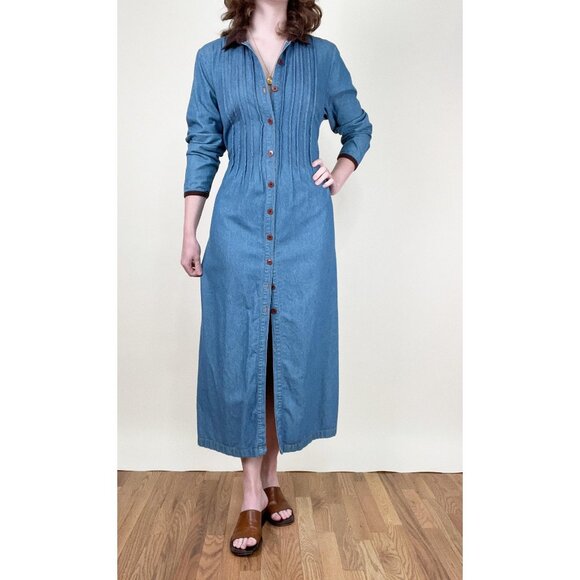 Vintage Denim Jean Midi Maxi Dress Pleated Long Duster Jacket Coat Cottagecore - Picture 6 of 10